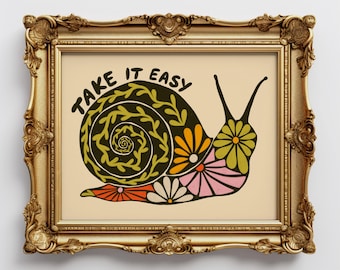Floral snail giclee art print, garden snail with flowers, retro bug wall art, positive vibes, take it easy dorm wall decor, home office art