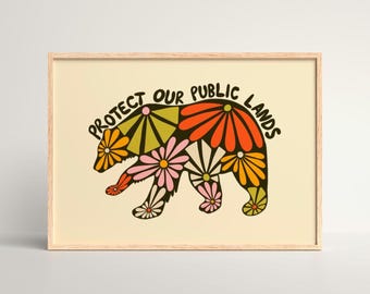 Floral bear giclee art print, bear with flowers, protect public lands, protest art
