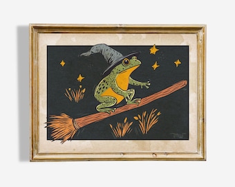 Halloween frog art print, frog witch wall art, summerween home decor, whimsical Halloween decor, magical frog art