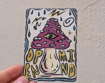 Mushroom eye ACEO, mushroom ATC, 2.5" x 3.5"  tiny giclee print, artist enhanced mini third eye print, open your mind artist card