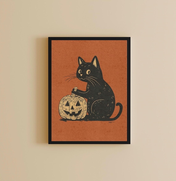 Halloween cat art print, jack o lantern wall art, summerween home decor, whimsical Halloween decor, vintage style Halloween illustration