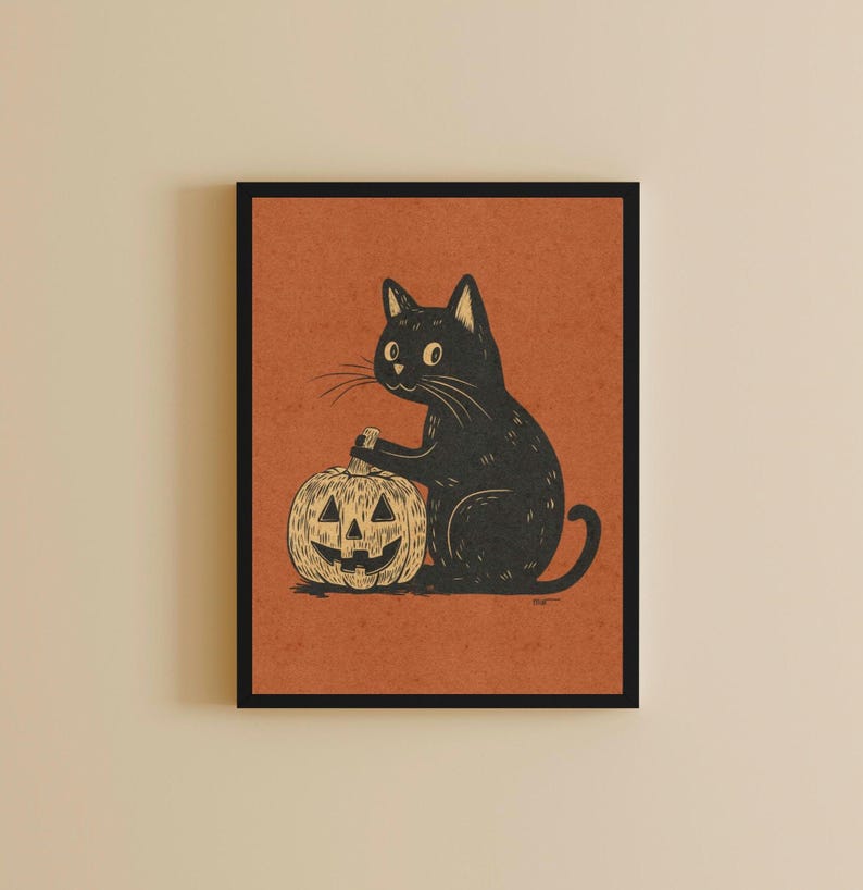 Halloween cat art print, jack o lantern wall art, summerween home decor, whimsical Halloween decor, vintage style Halloween illustration image 1