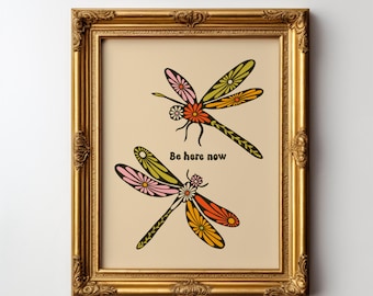 Floral dragonfly giclee art print, dragonfly with flowers, retro bug wall art positive vibes saying, spiritual yoga wall decor