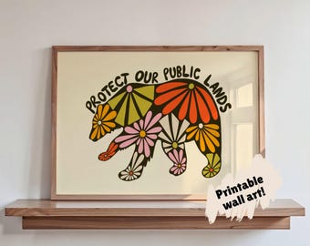 Printable Floral Bear wall art, Bear with flowers JPG home decor, retro animal digital poster