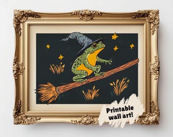 Frog witch printable wall art JPG, Halloween whimsigoth digital art, whimsical surfing frog decor, Halloween poster for classroom