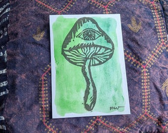 Mushroom ACEO, gouache ATC, 2.5" x 3.5" tiny original art, miniature linocut art, block print mixed media artist card