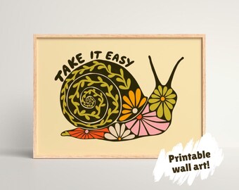 Printable floral snail wall art, retro digital JPG