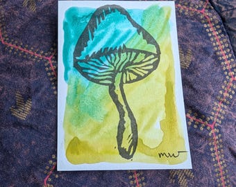 Mushroom ACEO, gouache ATC, 2.5" x 3.5" tiny original art, miniature linocut art, block print mixed media artist card
