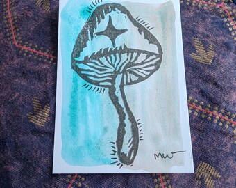 Mushroom ACEO, gouache ATC, 2.5" x 3.5" tiny original art, miniature linocut art, block print mixed media artist card