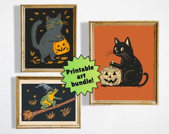 Halloween wall art 3 pack JPG, whimsigoth hand drawn maximalist illustrations, frog witch, trick or treating cat, black cat jack o lantern