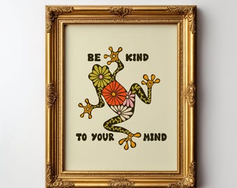 Floral frog giclee art print, tree frog with flowers, retro animal wall art positive vibes saying, spiritual yoga wall decor
