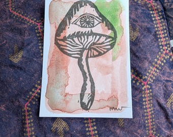 Mushroom ACEO, gouache ATC, 2.5" x 3.5" tiny original art, miniature linocut art, block print mixed media artist card