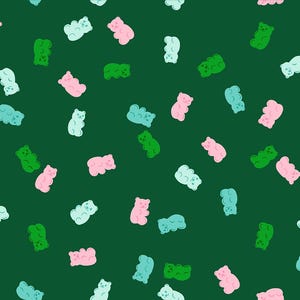 May include: A dark green background featuring a repeating pattern of small, stylised gummy bear shapes in light pink, bright green, and pale blue. The bears are scattered across the surface in various orientations, creating a consistent graphic design.