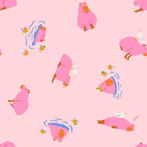 May include: A repeating pattern featuring pink capybaras in different poses, some with birds, oranges, and water elements, on a light pink backdrop. The capybaras are illustrated in a playful, cartoon style.