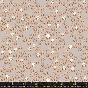 May include: A grey fabric with a repeating pattern of brown panda bears. The fabric has a ruler with the text "RUBY STAR SOCIETY" printed on it.
