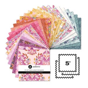 May include: A stack of 42 square fabric pieces, each measuring 12.7 cm by 12.7 cm, featuring floral and geometric patterns in shades of pink, orange, yellow, and blue. The label reads Andover, 5 x 5, 100% cotton, 42 squares, Sunset Cottage.