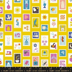 May include: Yellow fabric with a repeating pattern of postage stamps. The stamps depict diverse illustrations, such as a sun, a bird, a rabbit, and a flower. The text "RUBY STAR SOCIETY" is at the bottom.