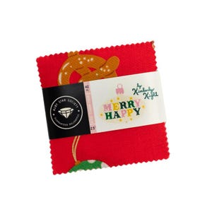 May include: A stack of 42 square fabric pieces measuring 6.35 cm, wrapped in a black and white paper band. The fabric is red with a brown pretzel print. The band features the text Ruby Star Society, 42 pc, 2.5, and Merry Happy by Kimberly Kight.