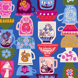May include: A colourful pattern of stacked teacups with diverse designs. The cups feature illustrations of flowers, a cat face, a rabbit, and a woman. The background is a solid blue.