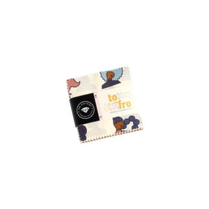 May include: A pack of 5 inch fabric squares featuring a variety of illustrations of women with different hairstyles. The fabric is white with a light pink, blue, and yellow pattern. The pack is labelled "to/fro" and "Modern Quilting Collection".