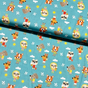 May include: A turquoise fabric with a repeating pattern of various animals wearing sunglasses and holding ice cream cones. The animals include a lion, a tiger, a dog, and a rabbit. The fabric is ideal for crafting projects, such as making clothes, bags, and home decor.