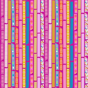 May include: A colourful, repeating pattern with vertical stripes in shades of pink, yellow, blue, and gold. The stripes are decorated with geometric shapes, floral motifs, and dotted patterns, creating a vibrant and eye-catching design.