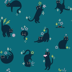 May include: A teal fabric pattern featuring various black cats in different poses, including stretching, sitting, and playing. The design is accented with small colourful stars, lightning bolts, moons, hearts, and fish icons scattered across the surface.
