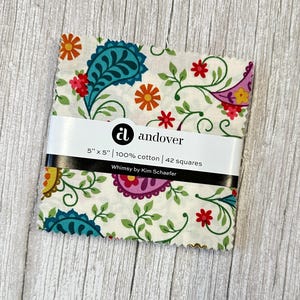 May include: A bundle of 42 fabric squares, each 12.7cm x 12.7cm, showcasing a vibrant paisley floral pattern with teal, pink, orange, and green details. The fabric is 100% cotton, with the brand name "andover" on the packaging.