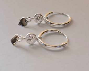 Sterling Silver Heart and CZ Charm Dropper Earrings,12mm wide hoops with a CZ and Heart Charm 14mm  drop.