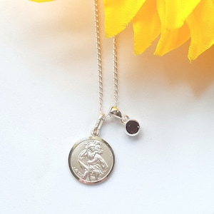 Sterling Silver St Christopher Childrens Pendant on 16&quot; Trace Chain and CZ Birthstone of Choice