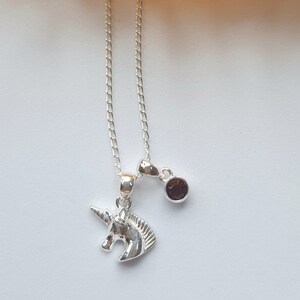 Sterling Silver Unicorn Childrens Pendant on 16&quot; Trace Chain and CZ Birthstoen of choice