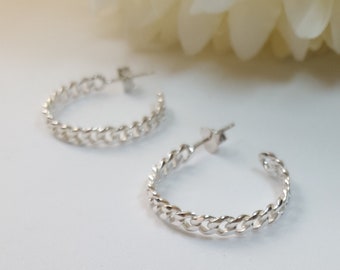 Sterling Silver Chain Pattern Hoop Earrings 25mm diameter