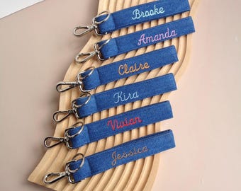 Personalized Embroidered Denim Keychain, Customize name on keychain