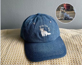 Custom Pet Embroidered Denim Cap – Personalized Dog Cat Portrait Cap – Handmade Gift from Thailand, Gift for animal Lovers