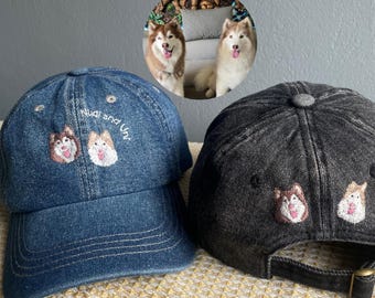 Custom Double Pet Portrait Denim Cap with text– Hand Embroidered, Embroidery cap, Pet Lovers