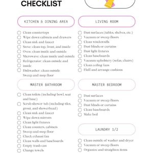 May include: A cleaning checklist titled "Mandy's Cleaning Checklist" with sections for kitchen, living room, master bathroom, master bedroom, and laundry. Includes cleaning tasks like dusting, vacuuming, and cleaning appliances. Features a graphic of pink and yellow gloves.