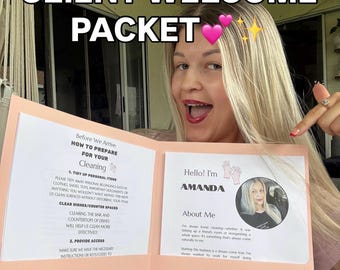 May include: A light pink folder titled CLIENT WELCOME PACKET containing printed information for a cleaning service. The left side lists preparation instructions, while the right side features an About Me section with a photo and contact details.