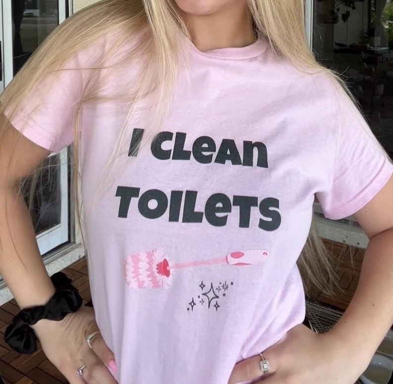 May include: A light pink short-sleeved t-shirt featuring the black text I CLEAN TOILETS printed on the chest. Below the text is a graphic illustration of a pink toilet brush and a small black sparkle icon centered on the front of the garment.