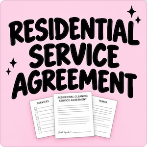 Pode incluir: Um gráfico quadrado rosa claro com o texto preto em negrito RESIDENTIAL SERVICE AGREEMENT e quatro pequenos ícones de estrelas pretas. Abaixo do texto, há três folhas de documentos brancas rotuladas como SERVICES, RESIDENTIAL CLEANING SERVICE AGREEMENT e TERMS.