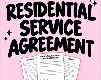 May include: A light pink square graphic featuring the bold black text RESIDENTIAL SERVICE AGREEMENT with four small black star icons. Below the text are three white document sheets labeled SERVICES, RESIDENTIAL CLEANING SERVICE AGREEMENT, and TERMS.