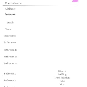 May include: A white Cleaning Estimate form with headings for client information, including name, address, and contact details. The form also includes sections for bedrooms, bathrooms, and extra comments. A cartoon mop graphic is in the upper right corner.