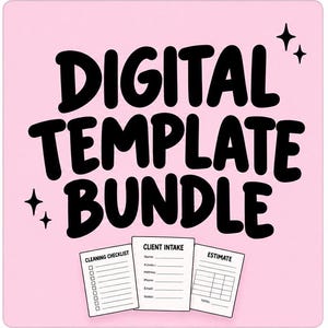 Könnte beinhalten: Eine hellrosa quadratische Grafik mit dem fetten schwarzen Text DIGITAL TEMPLATE BUNDLE und vier kleinen schwarzen Sternsymbolen. Unter dem Text befinden sich drei weiße Dokumentensymbole mit der Beschriftung CLEANING CHECKLIST, CLIENT INTAKE und ESTIMATE.