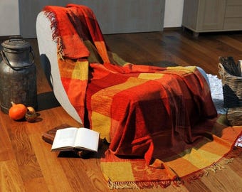 Kuscheldecke Wolldecke Wohndecke Plaid Sofadecke Karo mit Fransen, 50% Wolle, 150x165 cm, Rot, OEKO-TEX