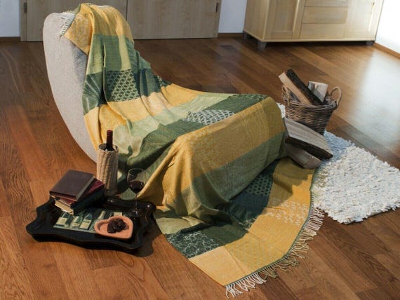 Kuscheldecke Wolldecke Wohndecke Plaid Sofadecke Karo mit Fransen, 50% Wolle, 150x200 cm, Gelb-Grün, OEKO-TEX
