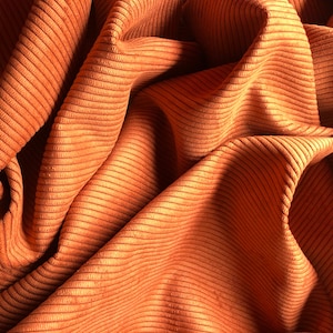 May include: Close-up of a rust-colored corduroy fabric with a ribbed texture. The fabric is folded and draped, creating a soft, flowing look.