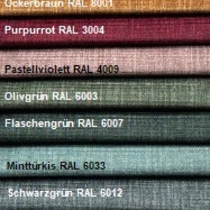 Może przedstawiać: Tabela kolorów przedstawiająca różne odcienie beżu, brązu, czerwieni, fioletu, zieleni, błękitu i szarości. Każdy próbnik koloru jest oznaczony kodem RAL i nazwą opisową w języku niemieckim.