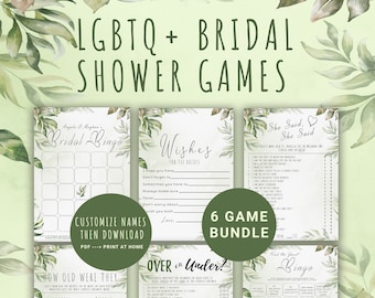 LGBTQ Bridal Shower Game Bundle - 6 einzigartige Brautparty Spiele - Greenery Theme - CUSTOM Download