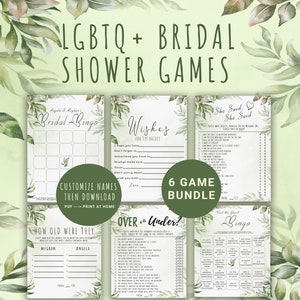 LGBTQ Brautdusche Spiele Bundle - 6 einzigartige Brautdusche Spiele - Greenery Theme - CUSTOM Download