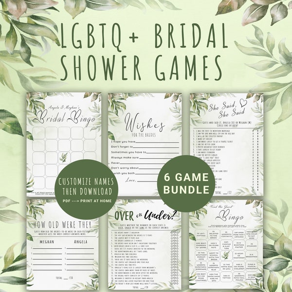 LGBTQ Bridal Shower Game Bundle - 6 unique Bridal shower games - Greenery Theme - CUSTOM Download