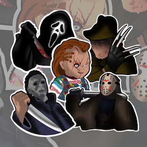 Slasher Horror Sticker Pack Collection | 5 Pack | Removable Vinyl Laptop Sticker | Waterproof vinyl | White Gloss | Custom Artwork